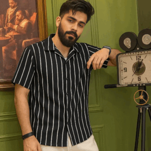 Premium Cuban Collar Half Shirt – Classic Black and White Stripe
