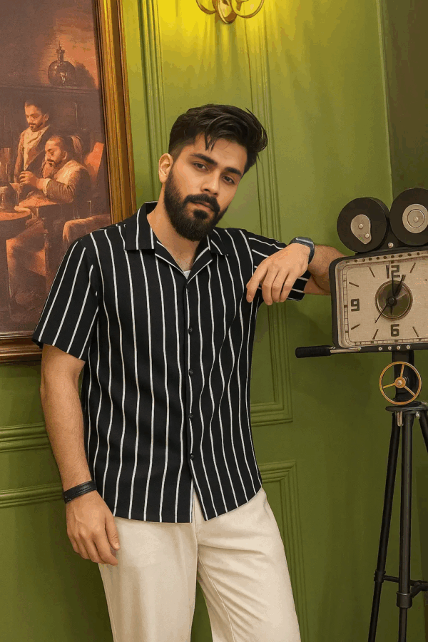 Premium Cuban Collar Half Shirt – Classic Black and White Stripe