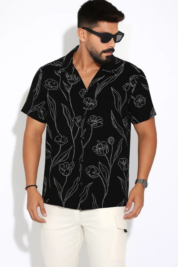 Half Sleeve Cuban Shirt –  Black with White Sketch Design - Image 3