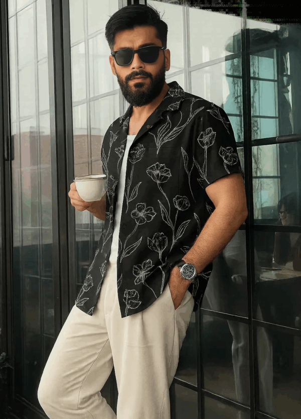Half Sleeve Cuban Shirt –  Black with White Sketch Design - Image 4