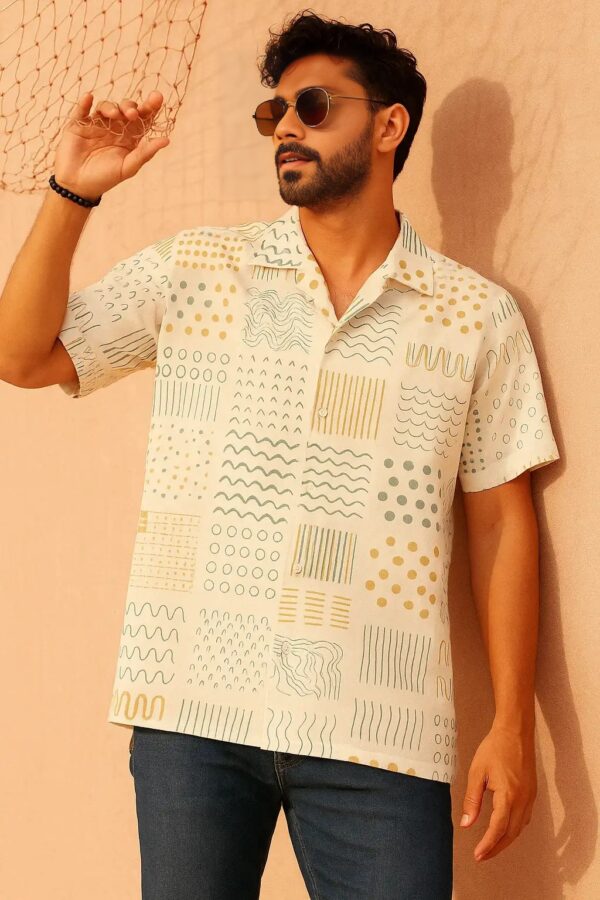 Premium Cuban Collar Half Shirt – Pattern Printed on White