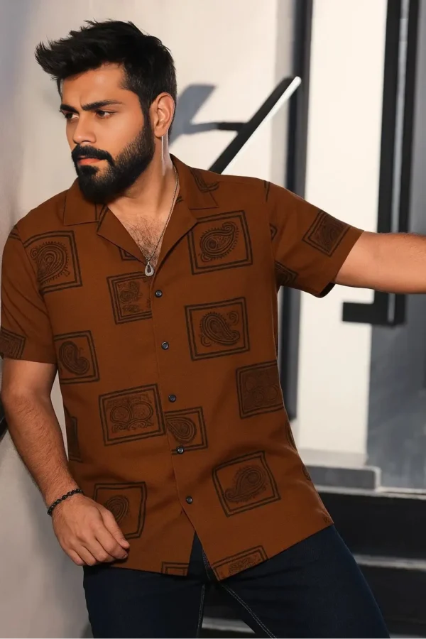 Premium Cuban Collar Half Shirt – Paisley Printed in Brick Brown