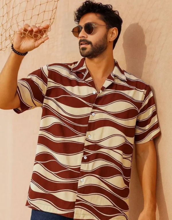 Half Sleeve Cuban Shirt – Maroon and Beige Wave Pattern