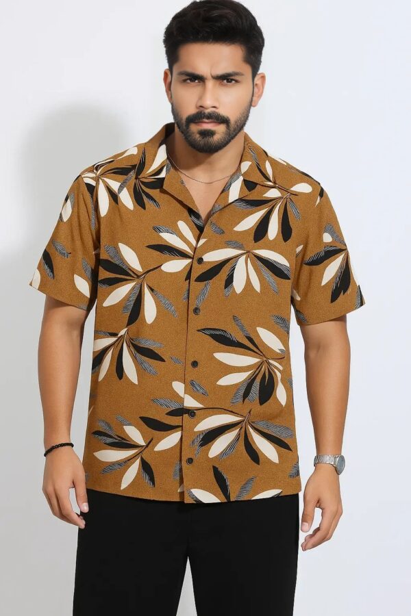Half Sleeve Cuban Shirt – Brown Beige with Black and White Palm Leaf Print - Image 3