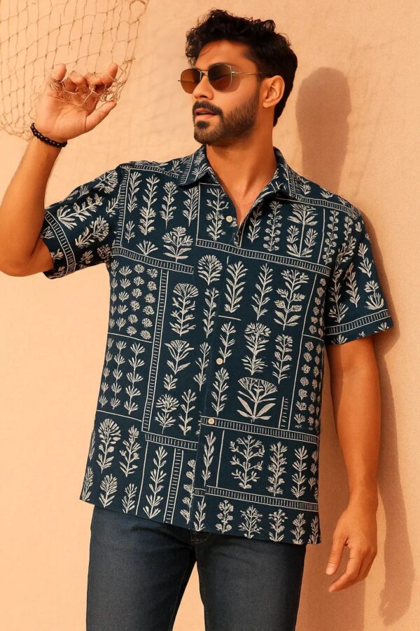 Half Sleeve Cuban Shirt – Dark Navy Blue with White Botanical Prints - Image 4