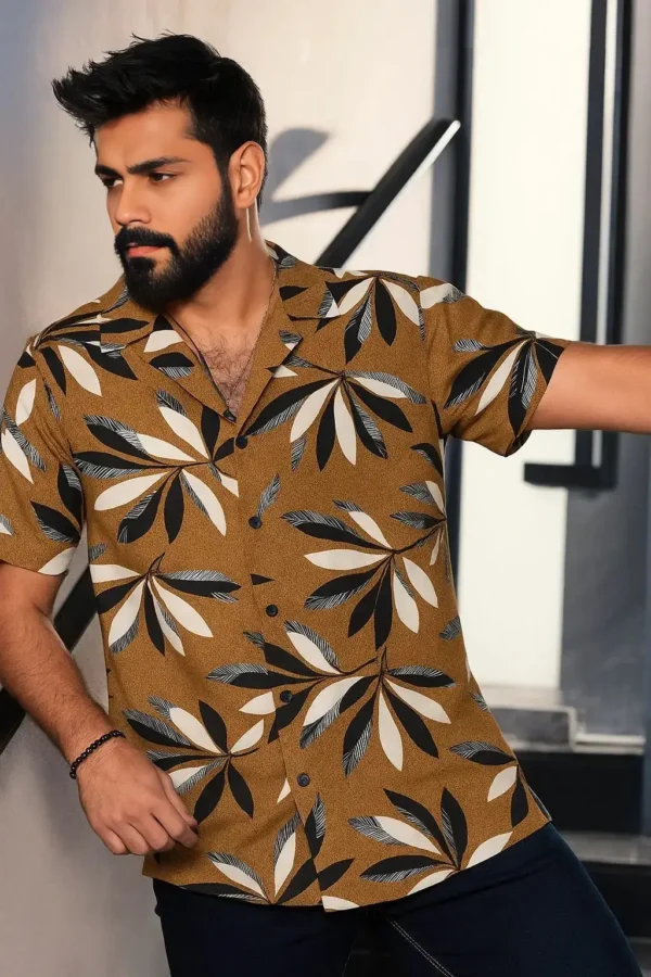 Half Sleeve Cuban Shirt – Brown Beige with Black and White Palm Leaf Print