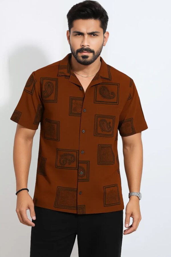 Premium Cuban Collar Half Shirt – Paisley Printed in Brick Brown - Image 4