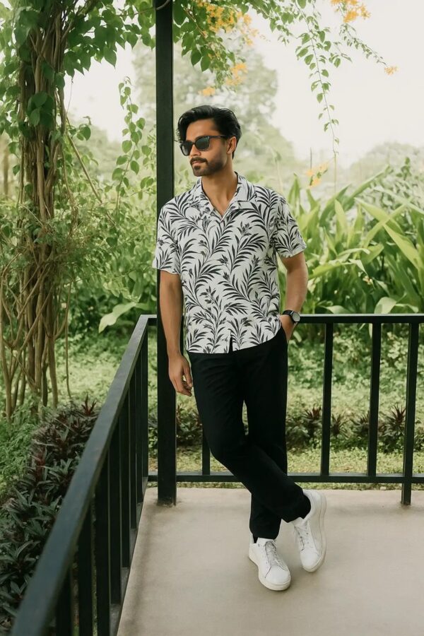 Half Sleeve Cuban Shirt – White with Black Leaf Print - Image 2