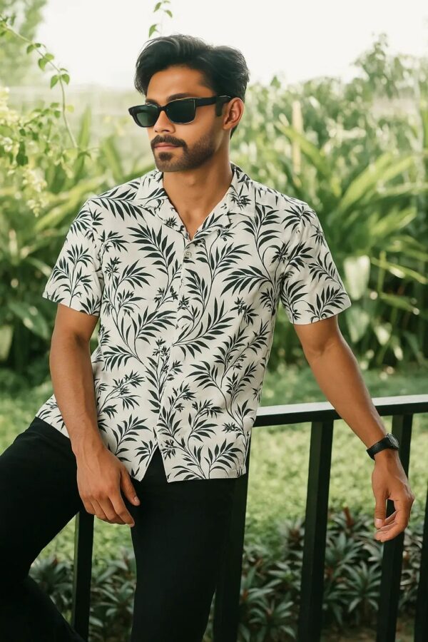 Half Sleeve Cuban Shirt – White with Black Leaf Print - Image 3