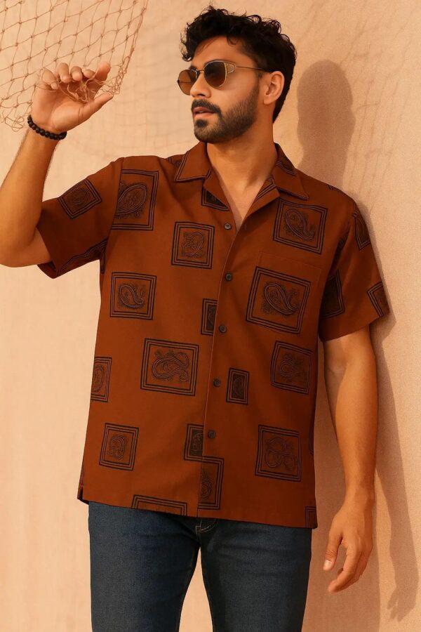 Premium Cuban Collar Half Shirt – Paisley Printed in Brick Brown - Image 2