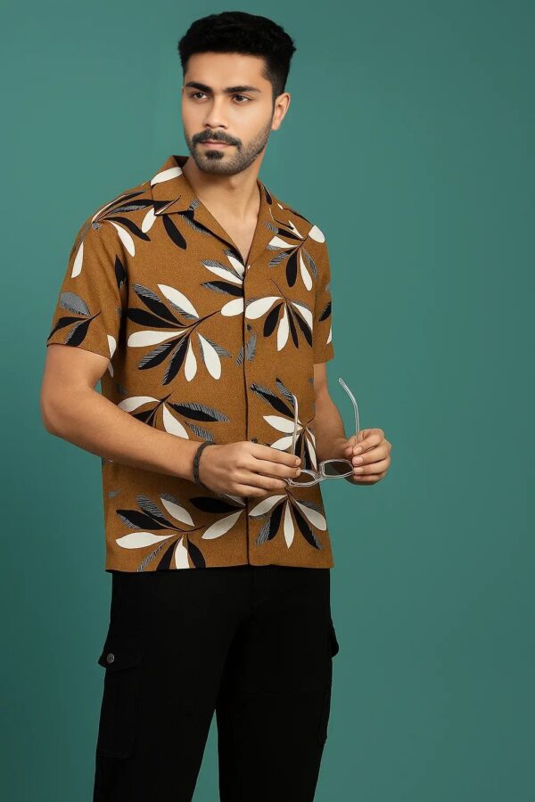 Half Sleeve Cuban Shirt – Brown Beige with Black and White Palm Leaf Print - Image 4