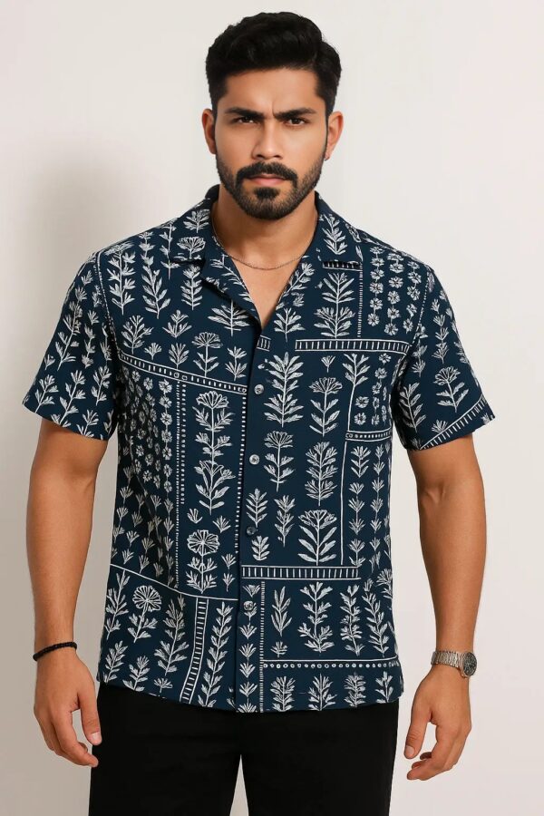 Half Sleeve Cuban Shirt – Dark Navy Blue with White Botanical Prints