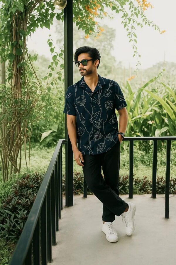 Half Sleeve Cuban Shirt – Navy Blue with White Sketch Design - Image 2