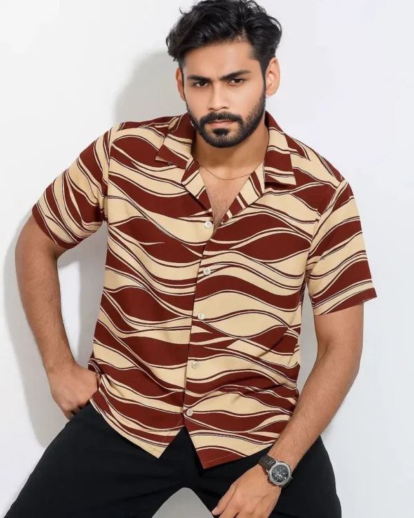 Half Sleeve Cuban Shirt – Maroon and Beige Wave Pattern - Image 4