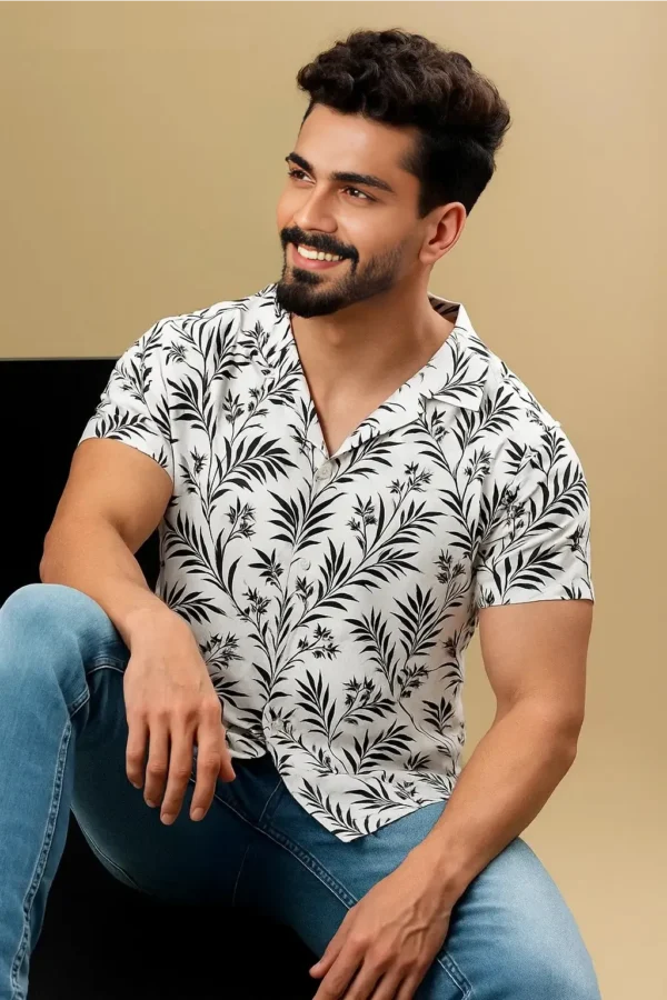 Half Sleeve Cuban Shirt – White with Black Leaf Print