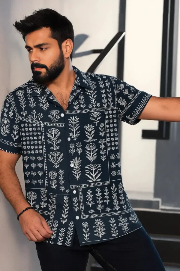 Half Sleeve Cuban Shirt – Dark Navy Blue with White Botanical Prints - Image 2