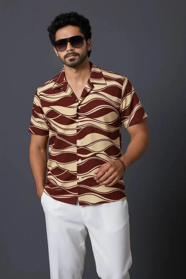 Half Sleeve Cuban Shirt – Maroon and Beige Wave Pattern - Image 3