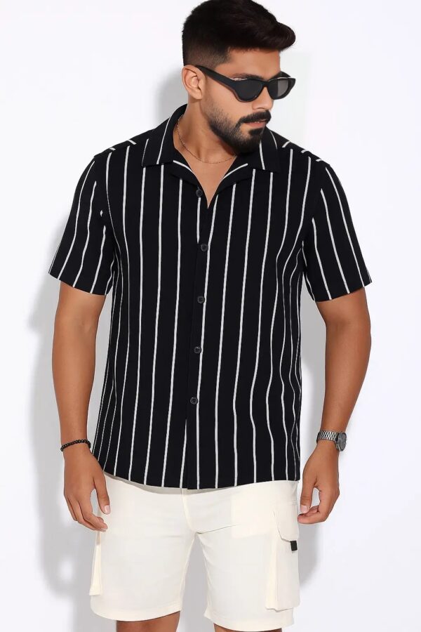 Premium Cuban Collar Half Shirt – Classic Black and White Stripe - Image 2