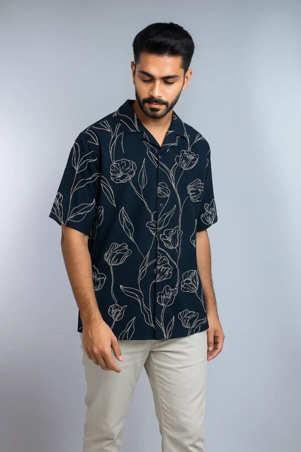 Half Sleeve Cuban Shirt – Navy Blue with White Sketch Design - Image 3
