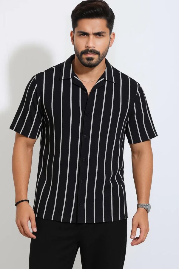 Premium Cuban Collar Half Shirt – Classic Black and White Stripe - Image 3