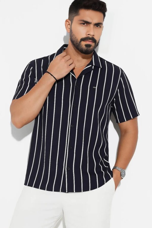 Premium Cuban Collar Half Shirt – Classic Black and White Stripe - Image 4