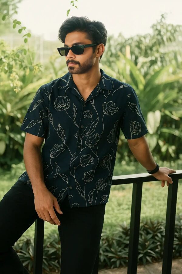 Half Sleeve Cuban Shirt – Navy Blue with White Sketch Design