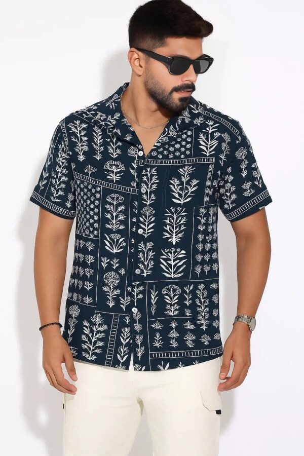 Half Sleeve Cuban Shirt – Dark Navy Blue with White Botanical Prints - Image 3