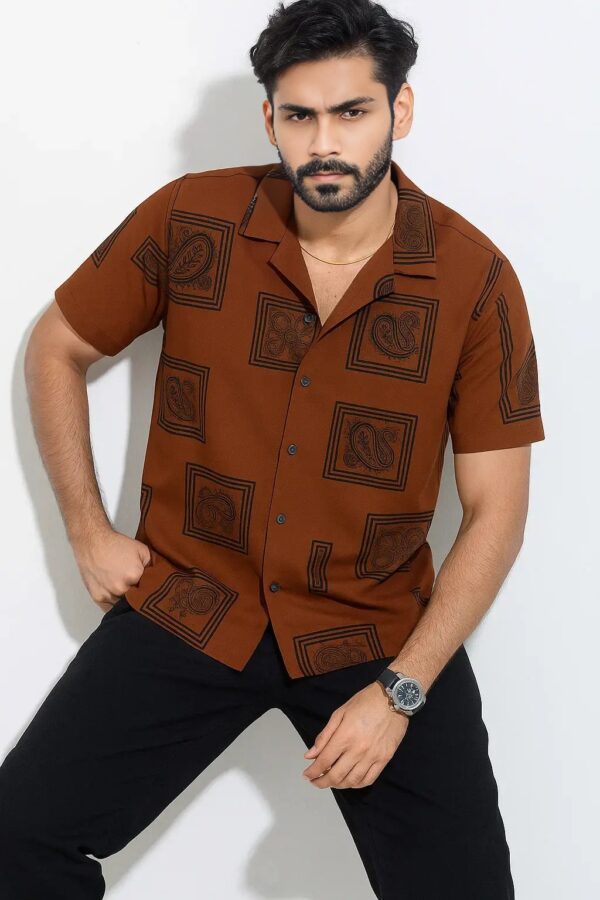 Premium Cuban Collar Half Shirt – Paisley Printed in Brick Brown - Image 3