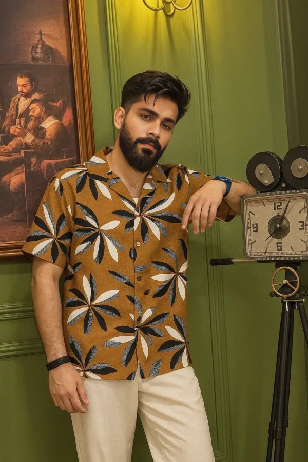 Half Sleeve Cuban Shirt – Brown Beige with Black and White Palm Leaf Print - Image 2