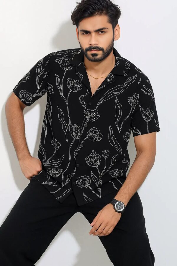 Half Sleeve Cuban Shirt –  Black with White Sketch Design