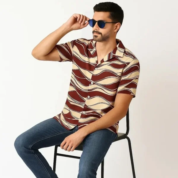 Half Sleeve Cuban Shirt – Maroon and Beige Wave Pattern - Image 2