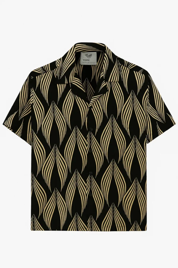 Cuban Collar Half Shirt - Golden Abstract Leaf Print - Image 3