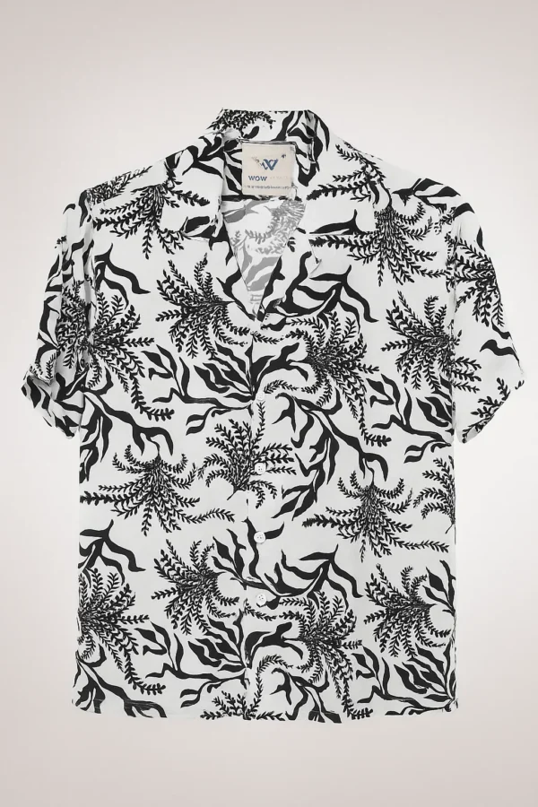 Cuban Collar Half Shirt - Black Abstract Leaf Print on White - Image 3
