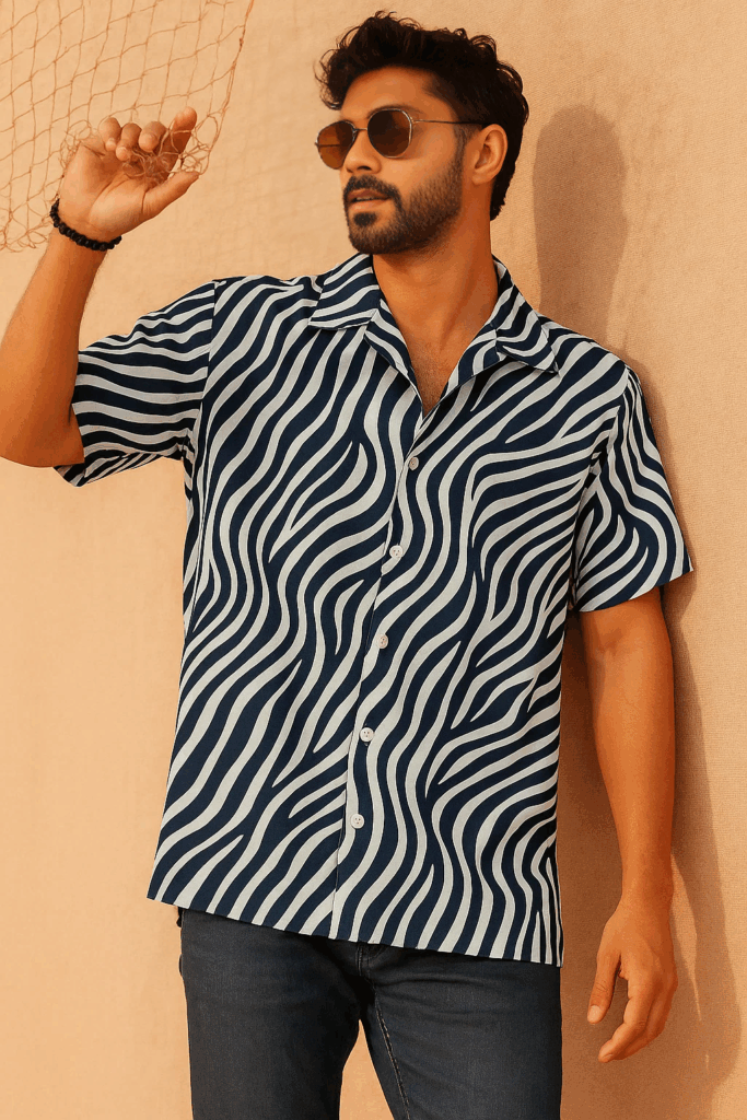 Cuban Collar Half Shirt - Zebra Style Abstract Print