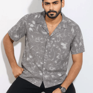 Cuban Collar Half Shirt - Soft White Floral Design